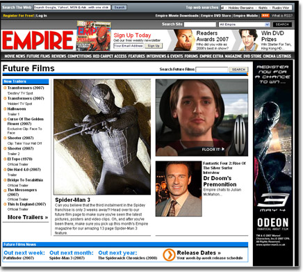 Spiderman sky ad on the Empire website